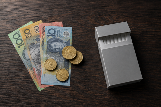 Australian currency beside plain cigarette packaging representing tobacco excise tax