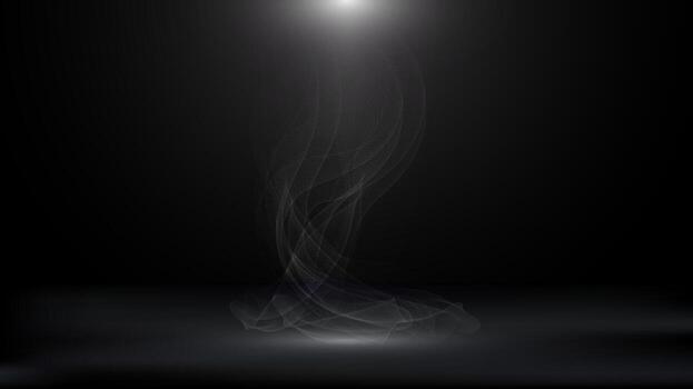 A dark, moody studio scene with a bright spotlight at the top center and a soft column of white smoke or fog swirling down to the floor.